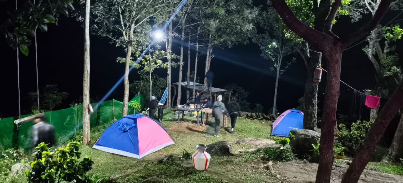 The camp at night, lit tents under the trees